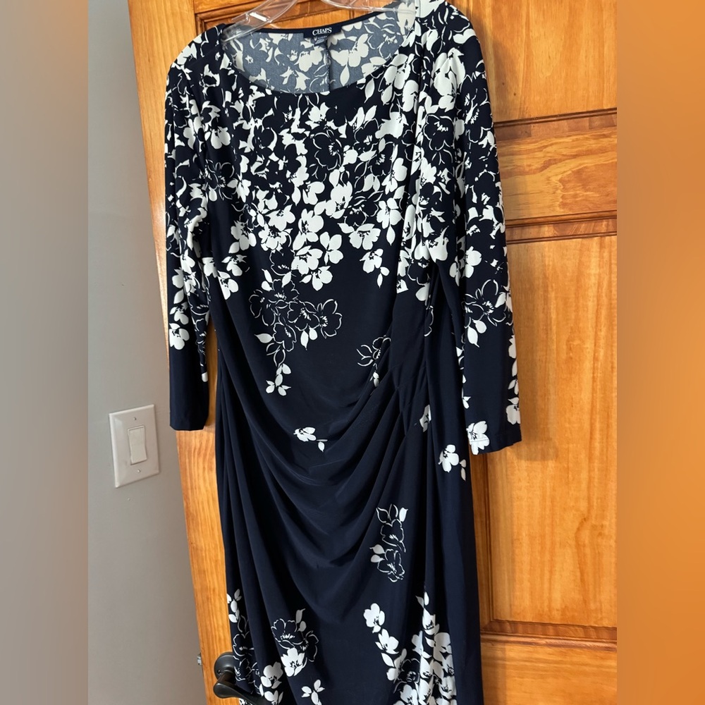 Chaps by Ralph Lauren, Navy and White Floral Draped Midi Dress